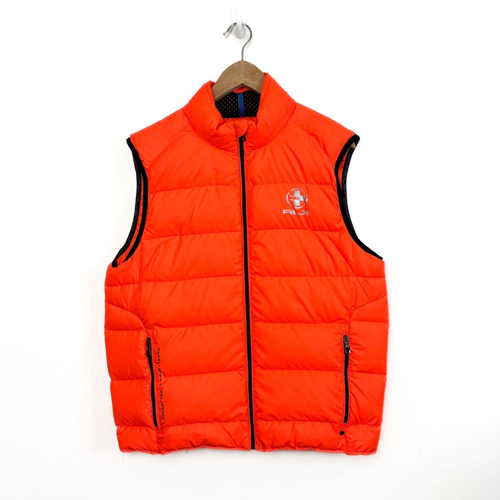 RLX Ralph Lauren Vest Men Medium Orange Puffer Down Full Zip Quilted Outdoors